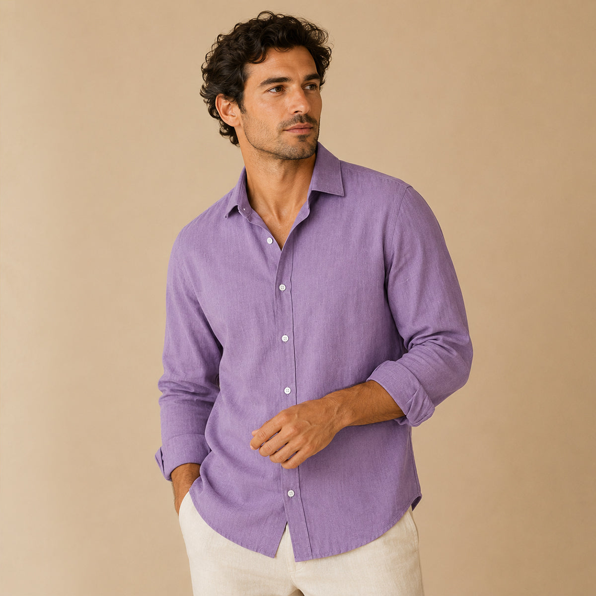 Men's plain long sleeve button down shirt with pointed collar