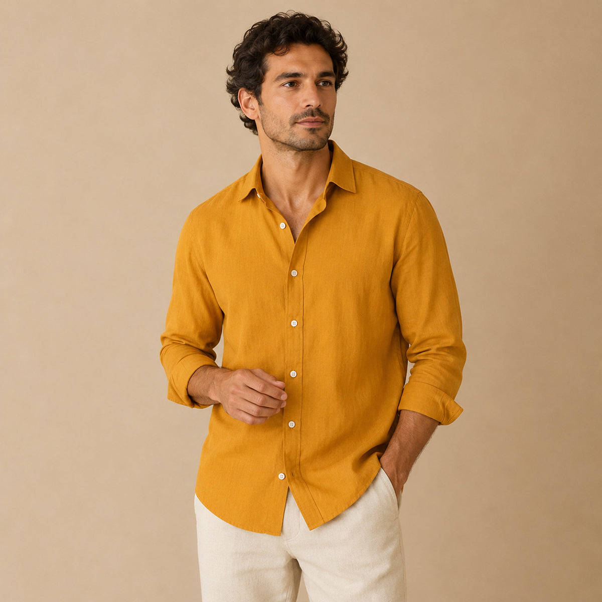 Men's plain long sleeve button down shirt with pointed collar