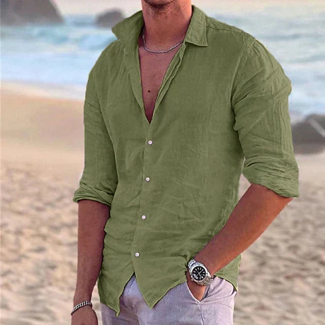Men's open collar button down shirt with rolled sleeves