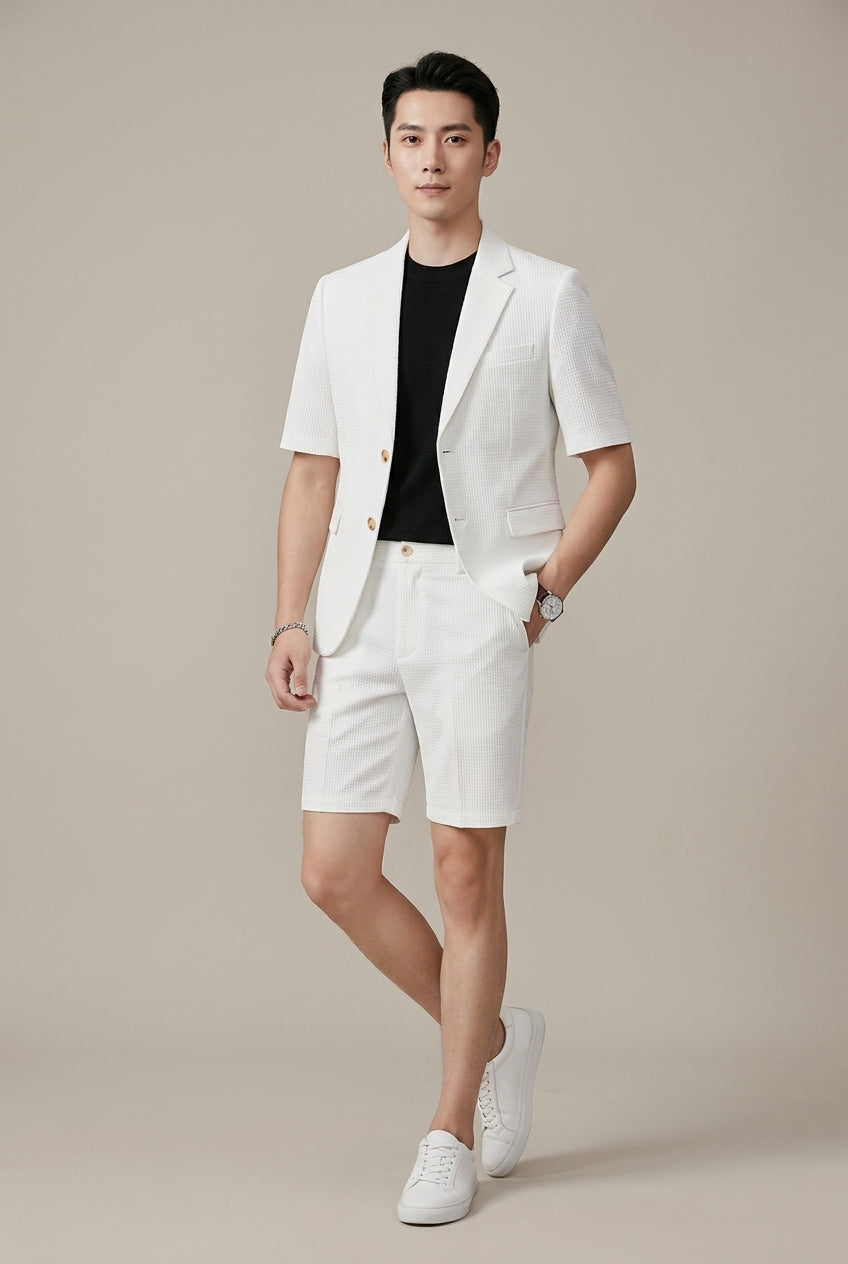 Men's short sleeve lapel blazer and matching shorts suit set