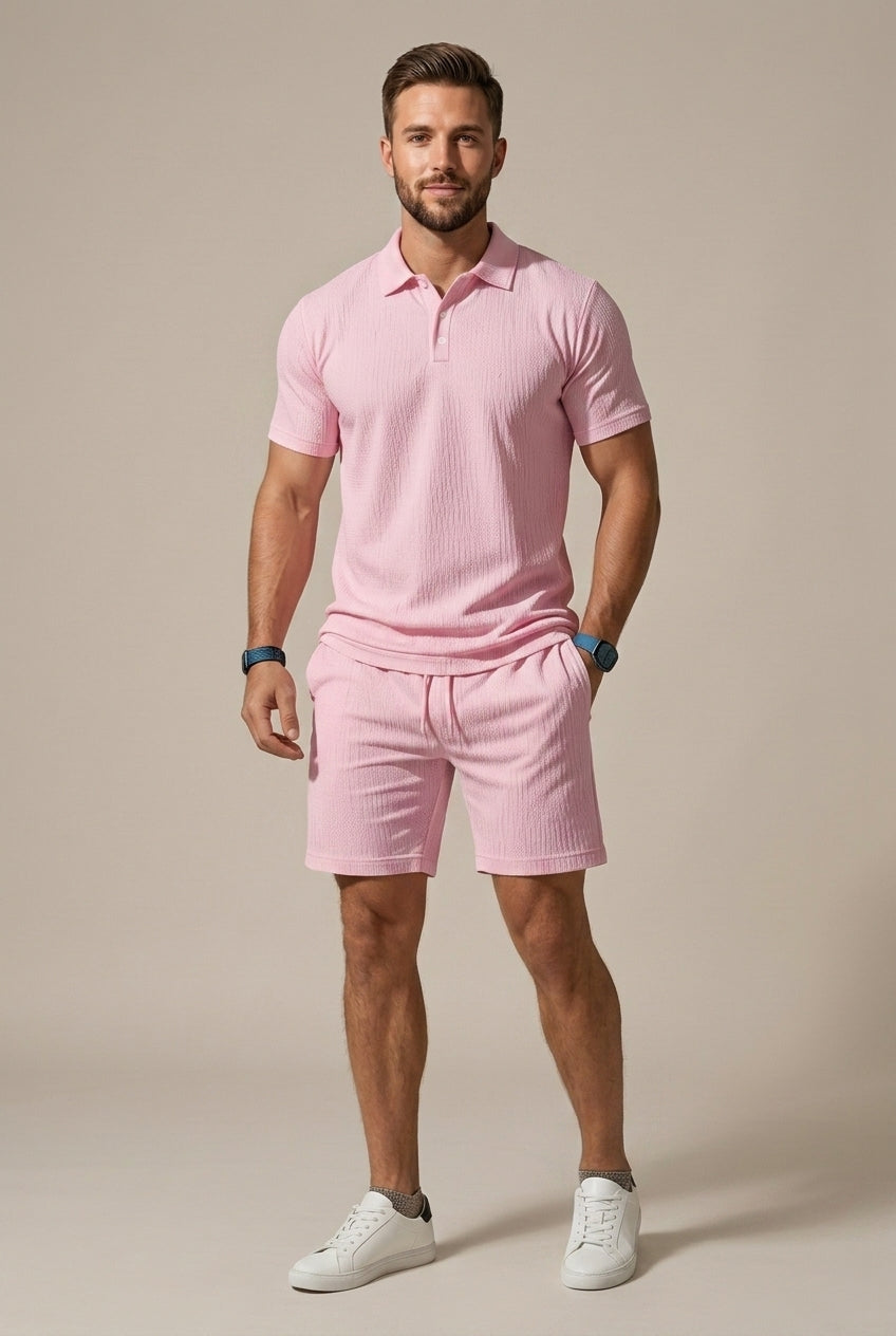 Men's textured polo shirt and drawstring shorts two-piece set