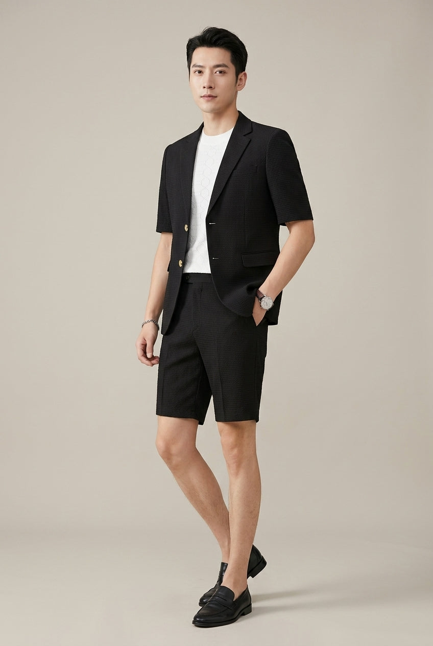 Men's short sleeve lapel blazer and matching shorts suit set