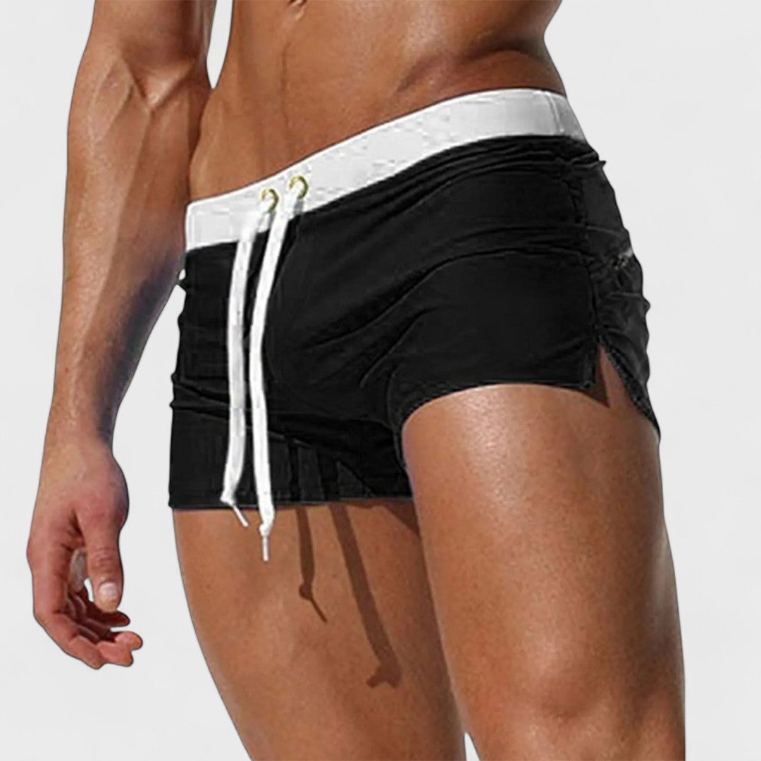 Men's short swim shorts with drawstring waist and side slits